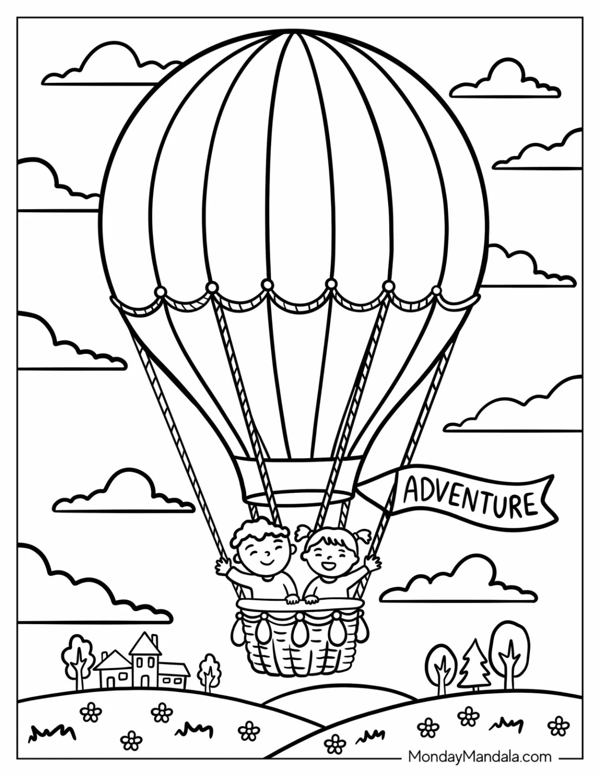 Kids Riding a Hot Air Balloon Over the Countryside Coloring Sheet coloring page