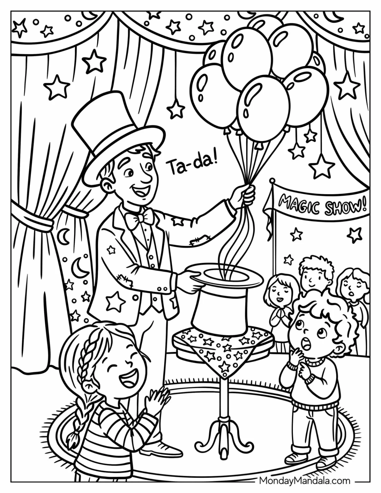 Magician Pulling Balloons from a Hat Coloring Page coloring page