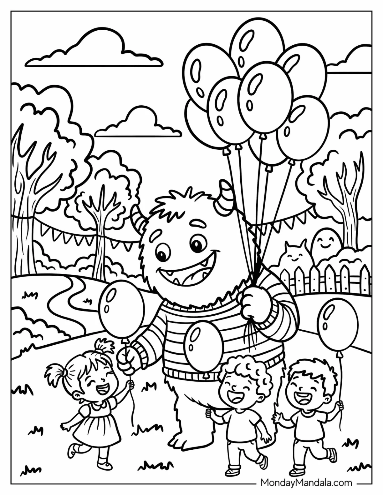 Monster Holding Balloons at a Park Party Coloring Page coloring page