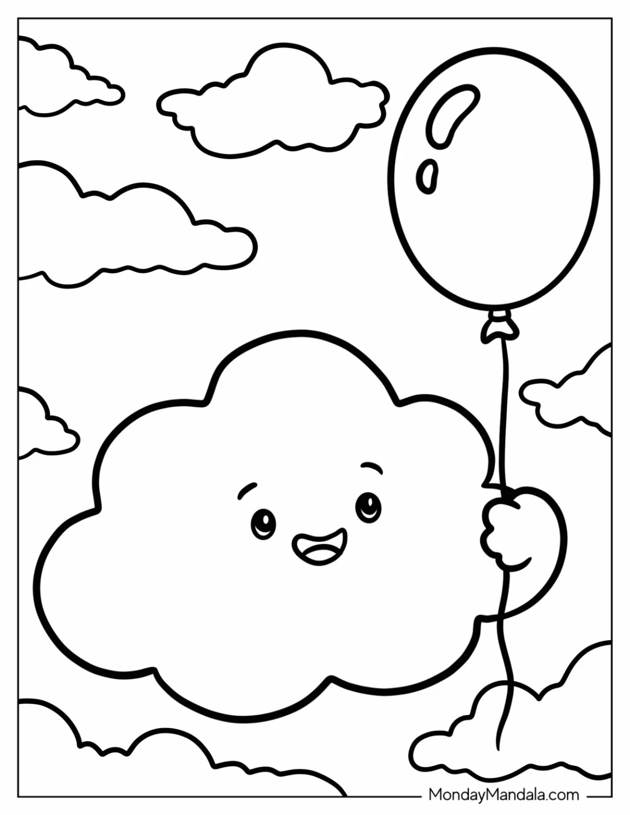 Simple Smiling Cloud Holding a Balloon Coloring Page for Kids coloring page
