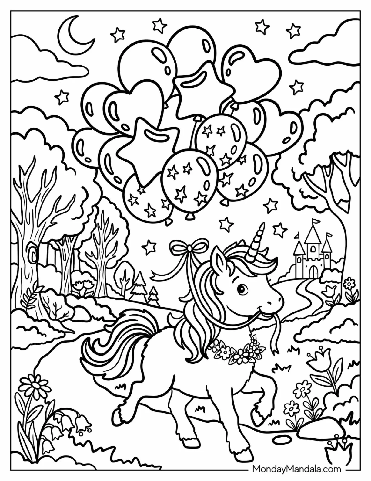 Unicorn Walking Through a Forest with Heart Balloons coloring page