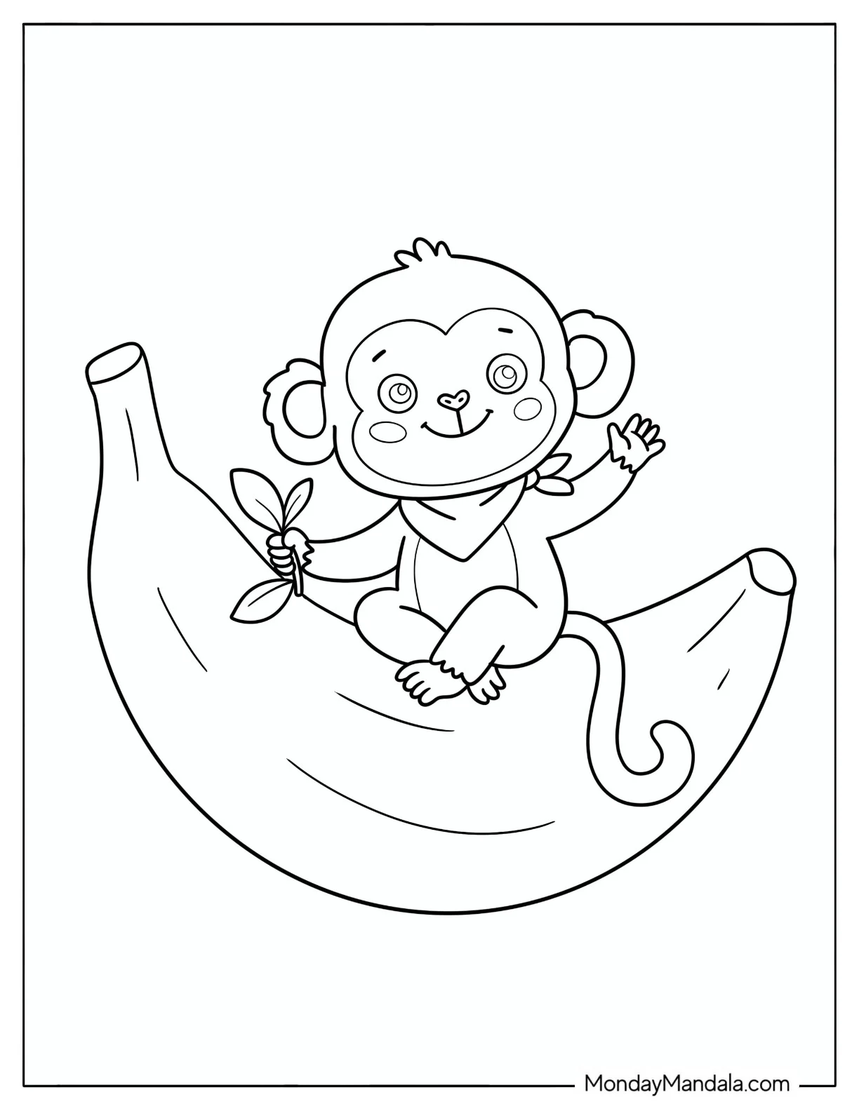 Baby Monkey Sitting on a Giant Banana Coloring Page for Preschoolers coloring page