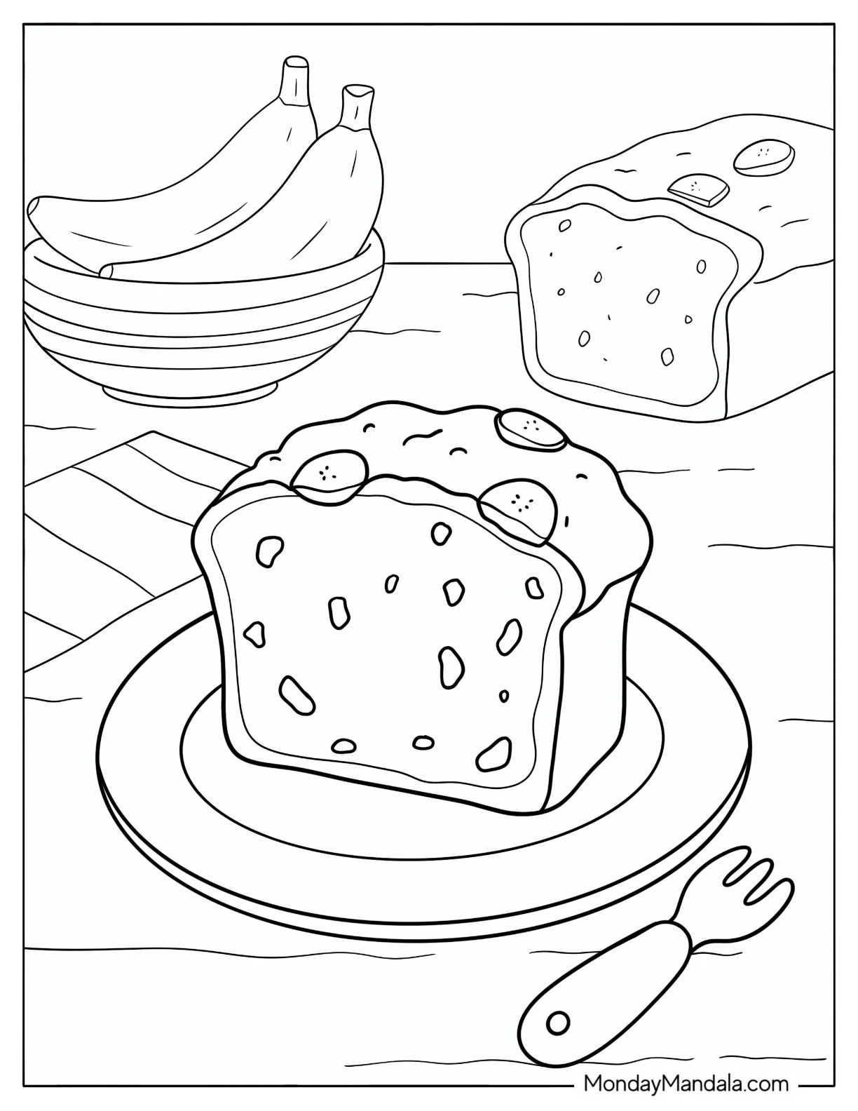 Banana Bread Slice on a Plate Coloring Page coloring page