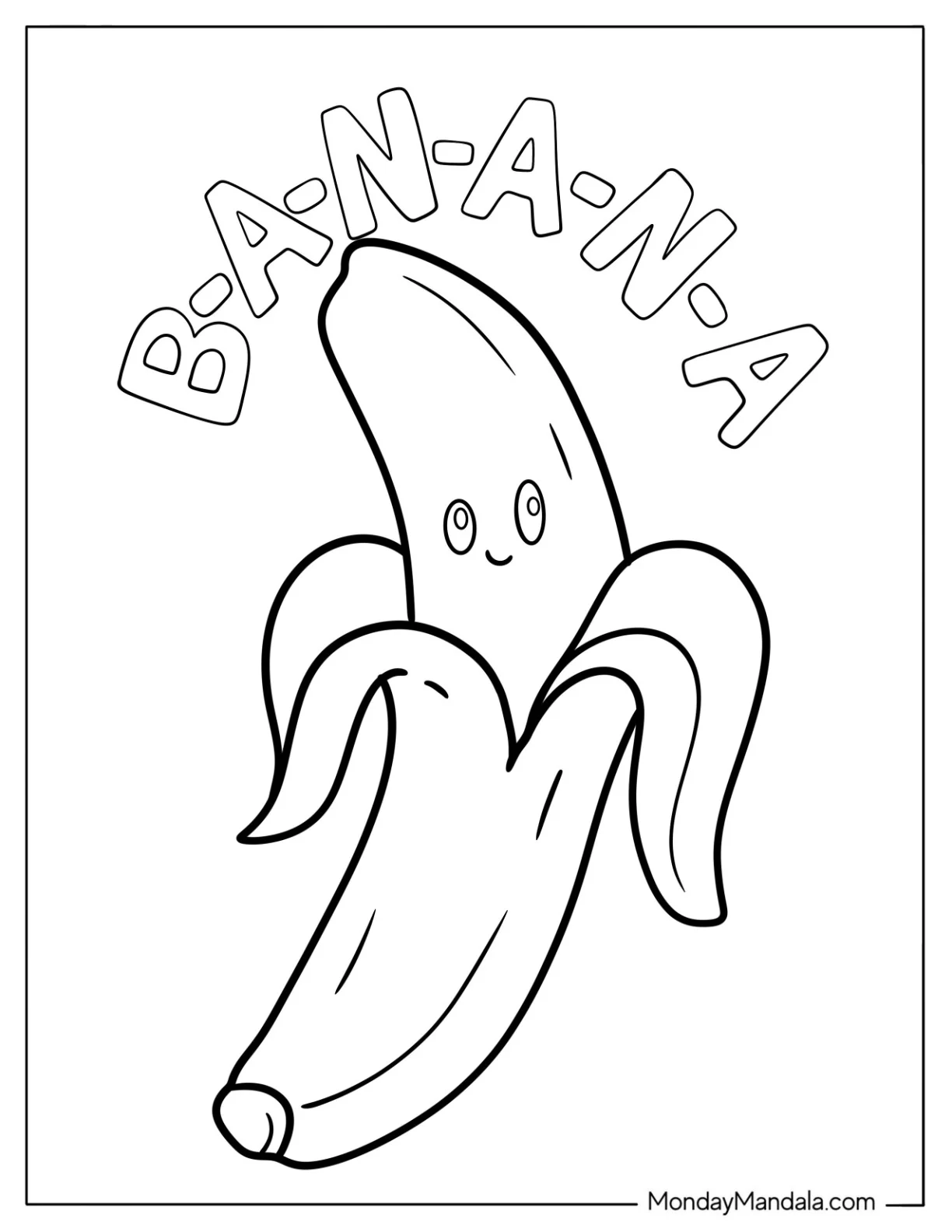 Banana Coloring Page Letters Over A Cute Banana For Preschoolers coloring page — printable line art