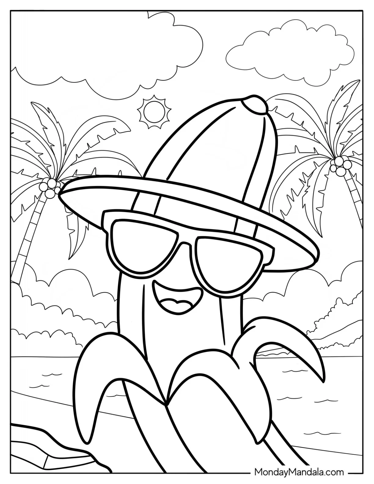 Banana Coloring Page With A Hat And Sunglasses For Kids coloring page