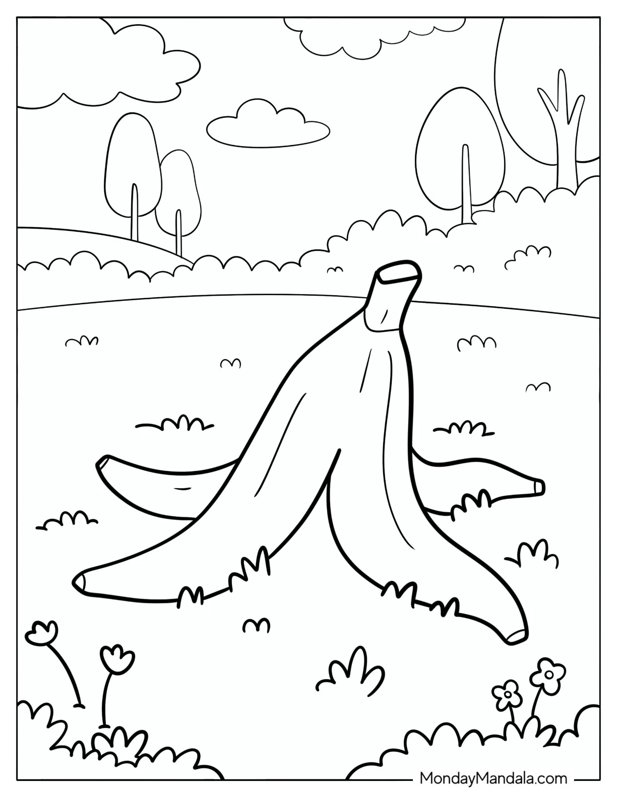 Banana Peel on the Grass Coloring Page for Kids coloring page