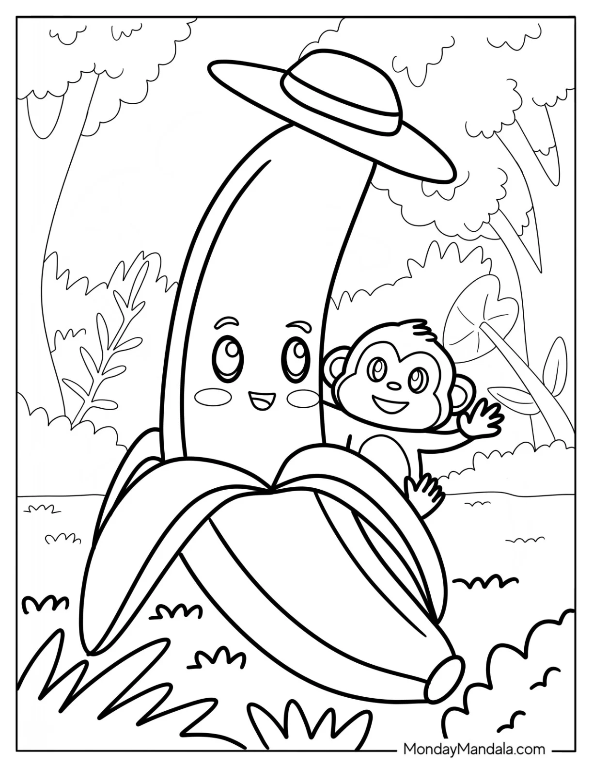 Cartoon Banana Coloring Page With A Monkey Friend coloring page