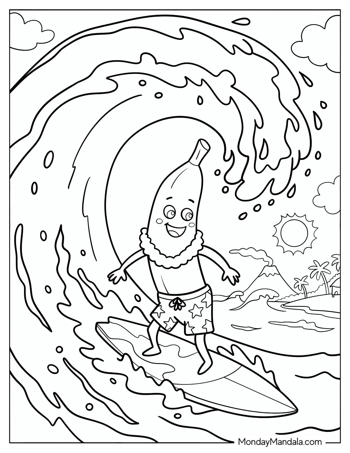 Cartoon Banana Surfing Coloring Sheet coloring page