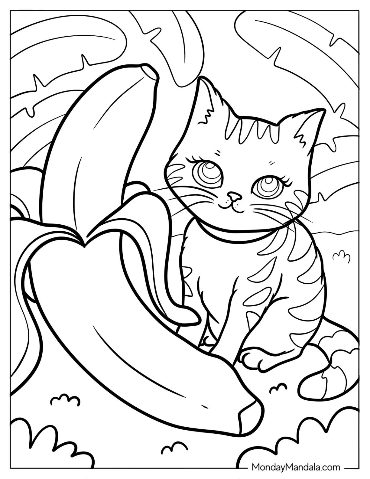 Cat Staring At A Ripe Banana Coloring Page coloring page