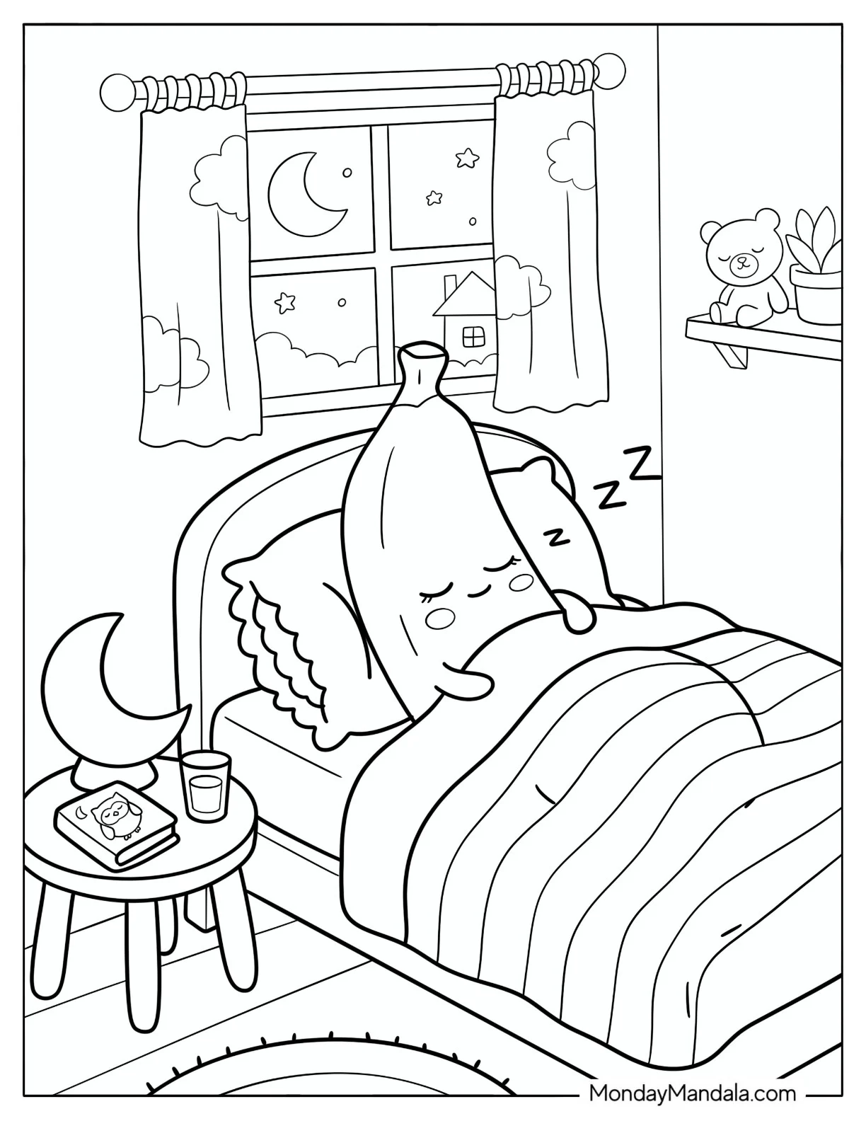 Cute Banana Sleeping in Bed Coloring Page for Kids coloring page