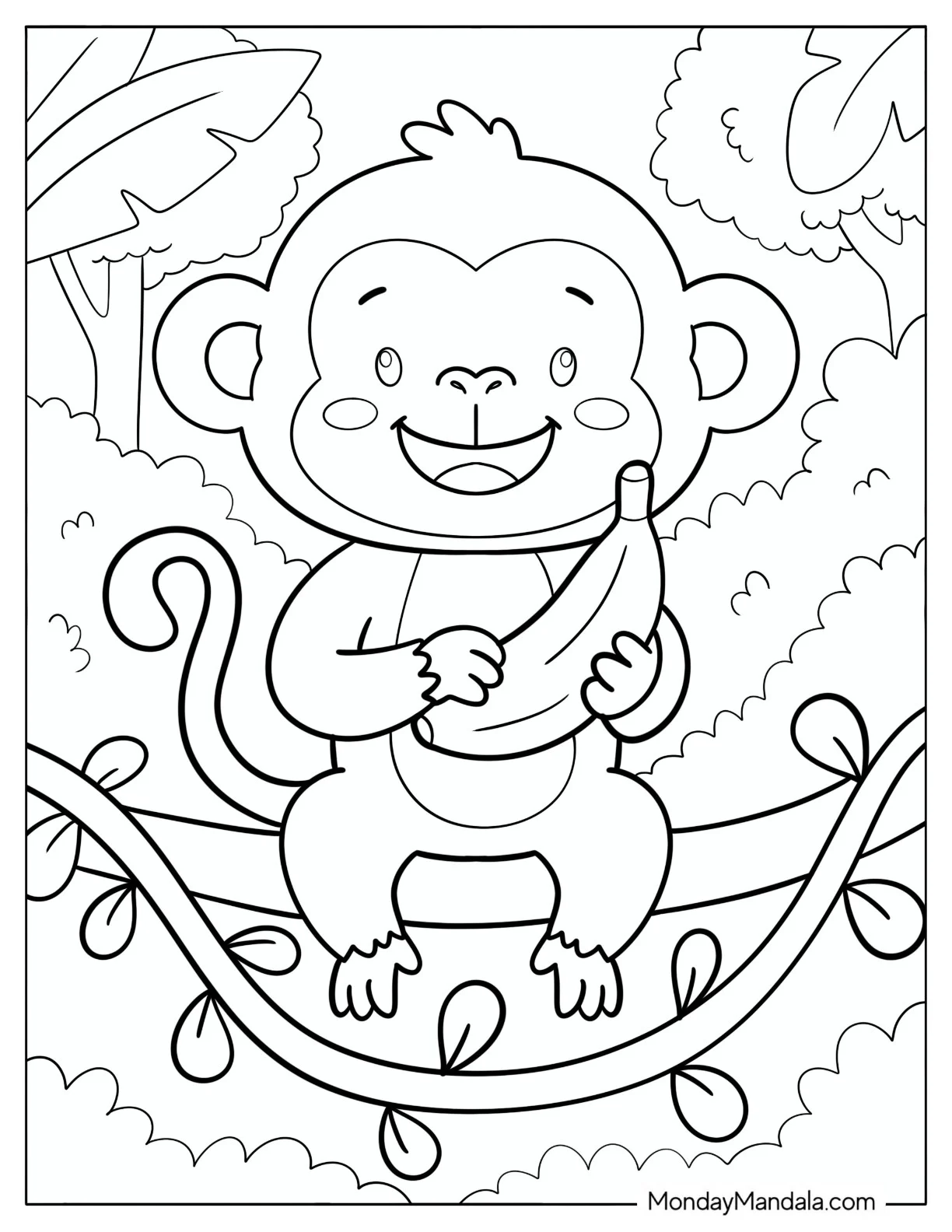 Cute Monkey Holding a Banana Coloring Sheet coloring page — printable line art
