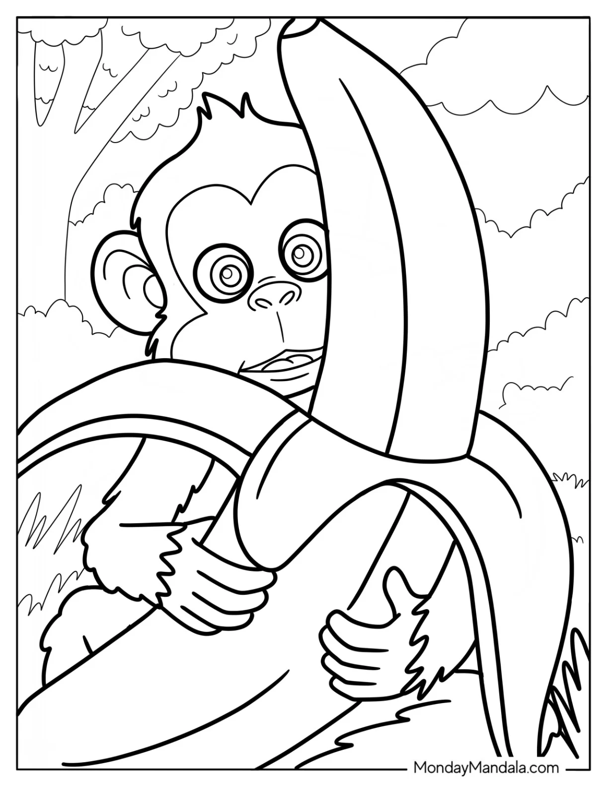 Cute Monkey Hugging A Large Banana Coloring Page coloring page — printable line art