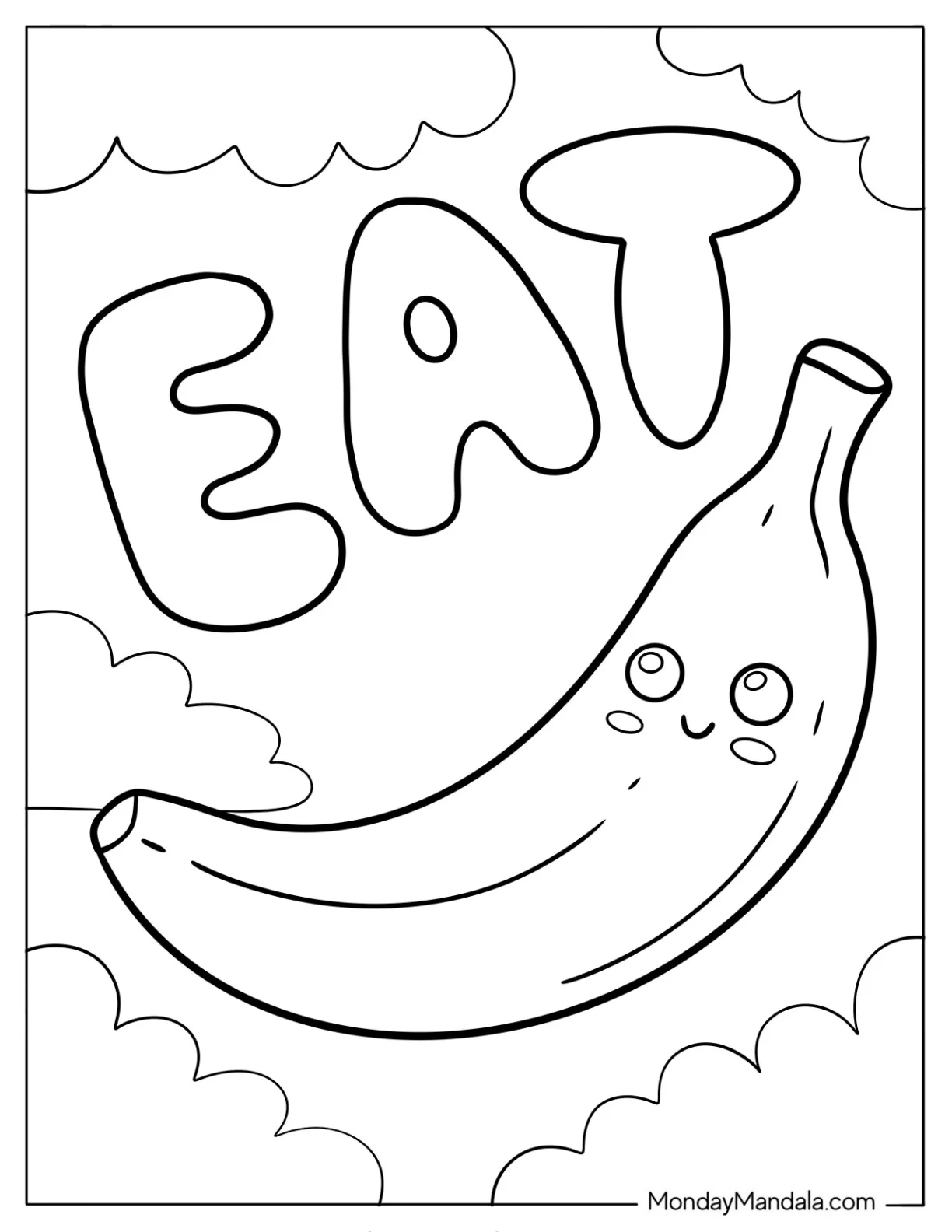 Eat Word Next To A Banana Coloring Page For Kids coloring page — printable line art
