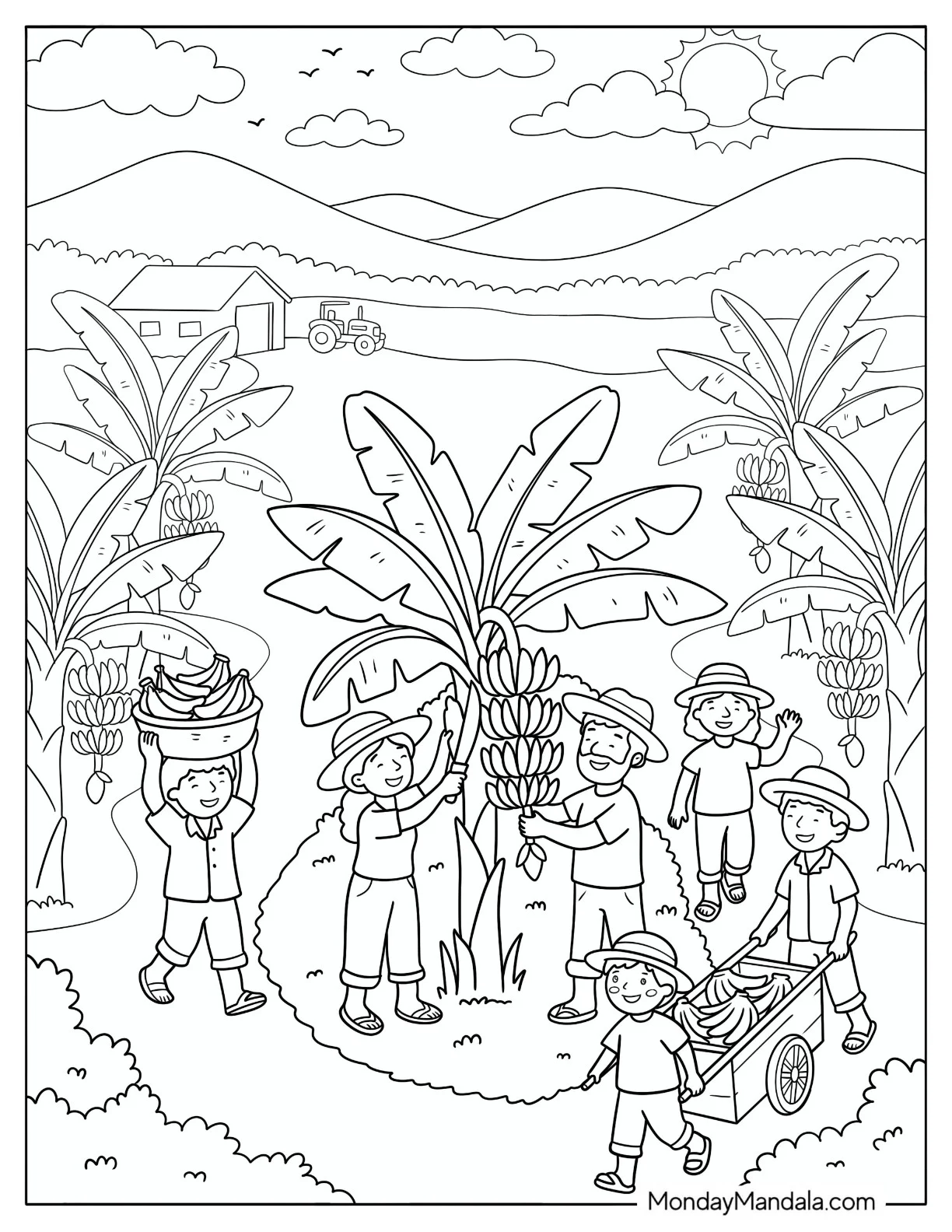 Farmers Harvesting Bananas Coloring Sheet coloring page