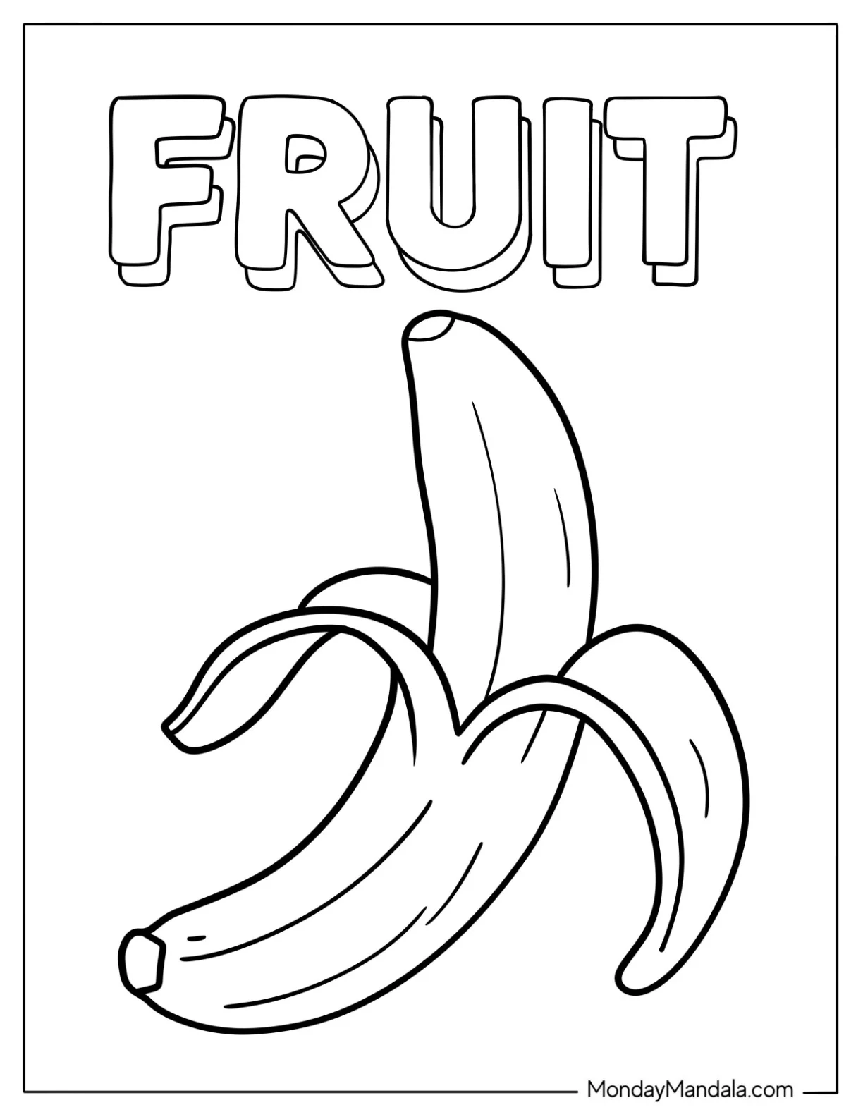 Fruit Word Above A Realistic Banana Coloring Page For Kids coloring page