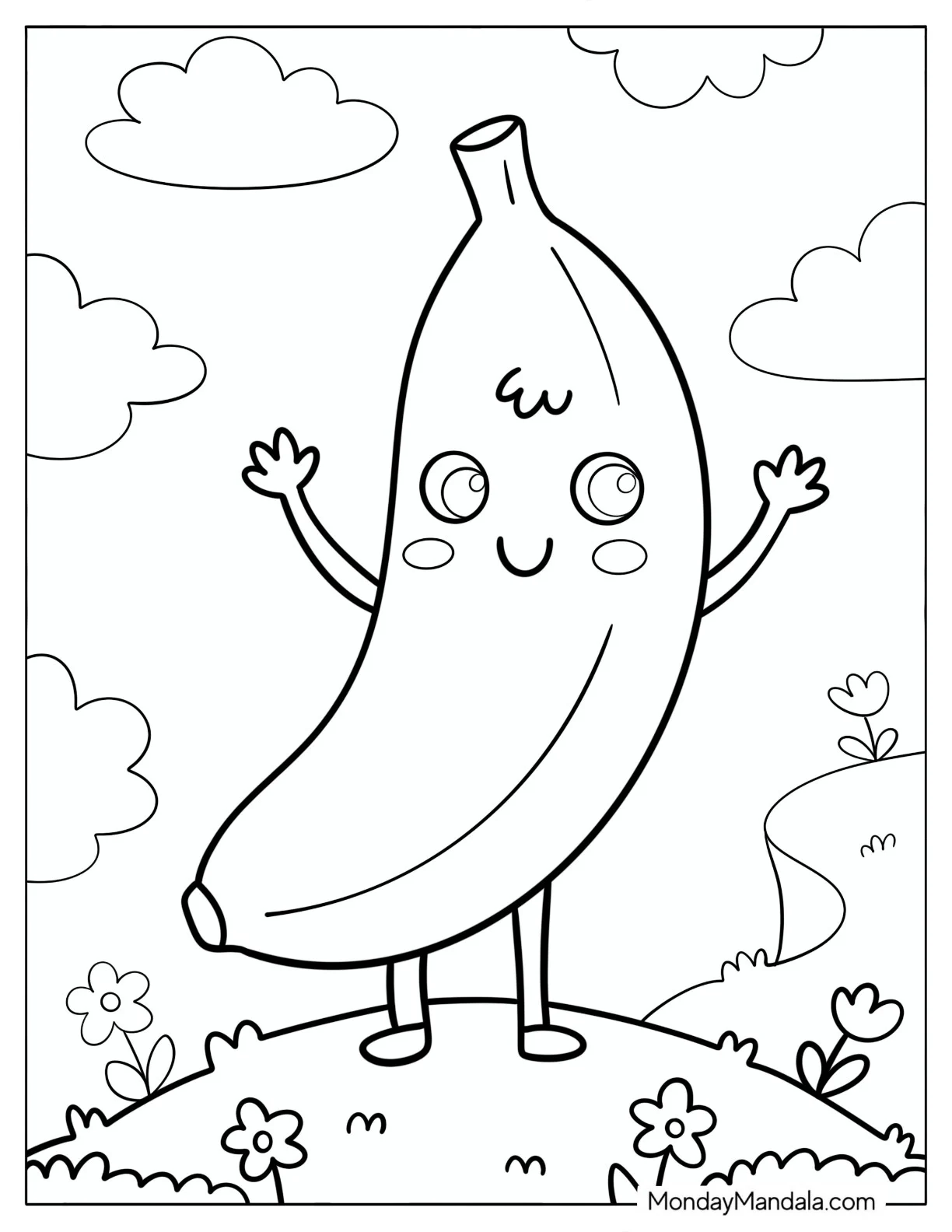 Kawaii Banana in a Flower Field Coloring Page for Preschoolers coloring page — printable line art