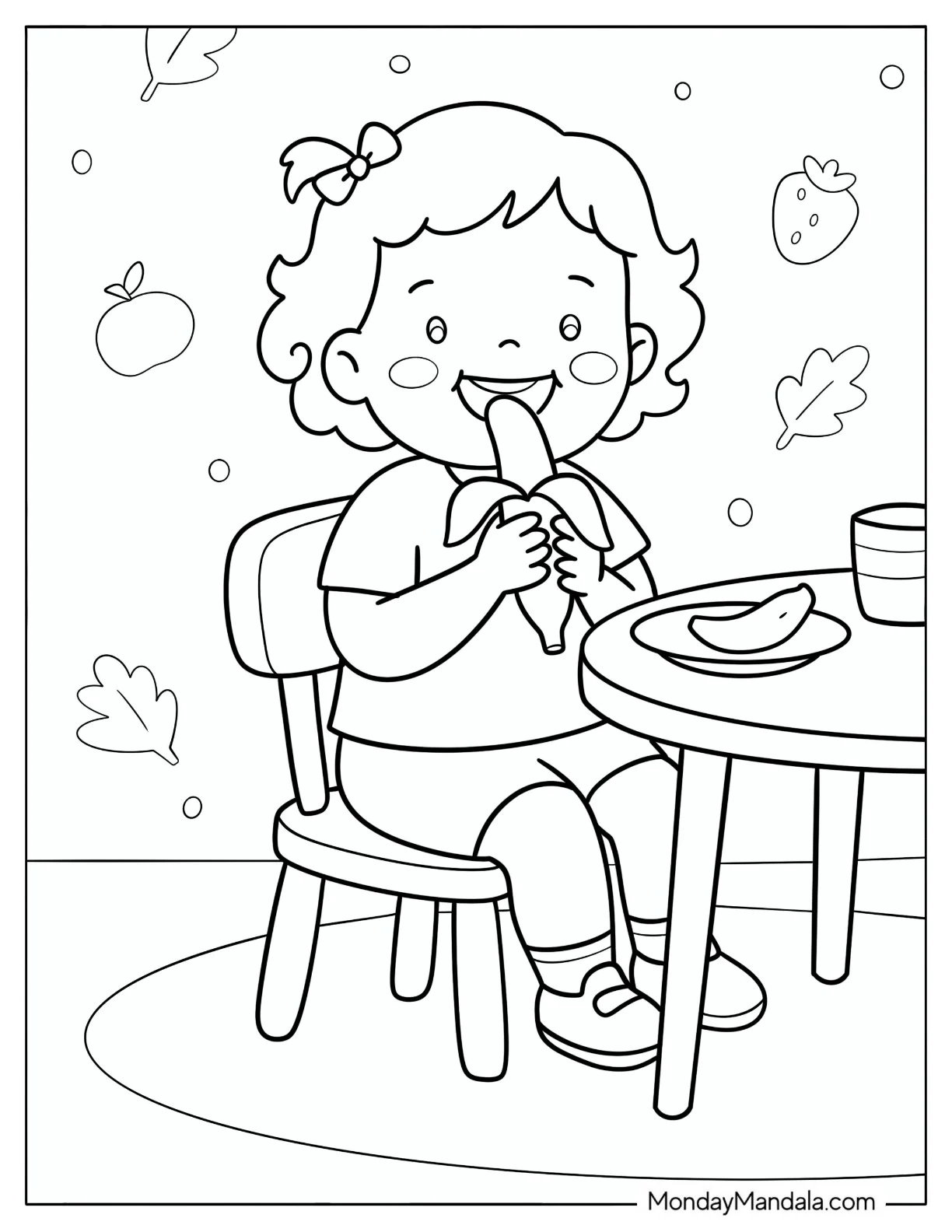 Little Girl Eating a Banana Coloring Page coloring page