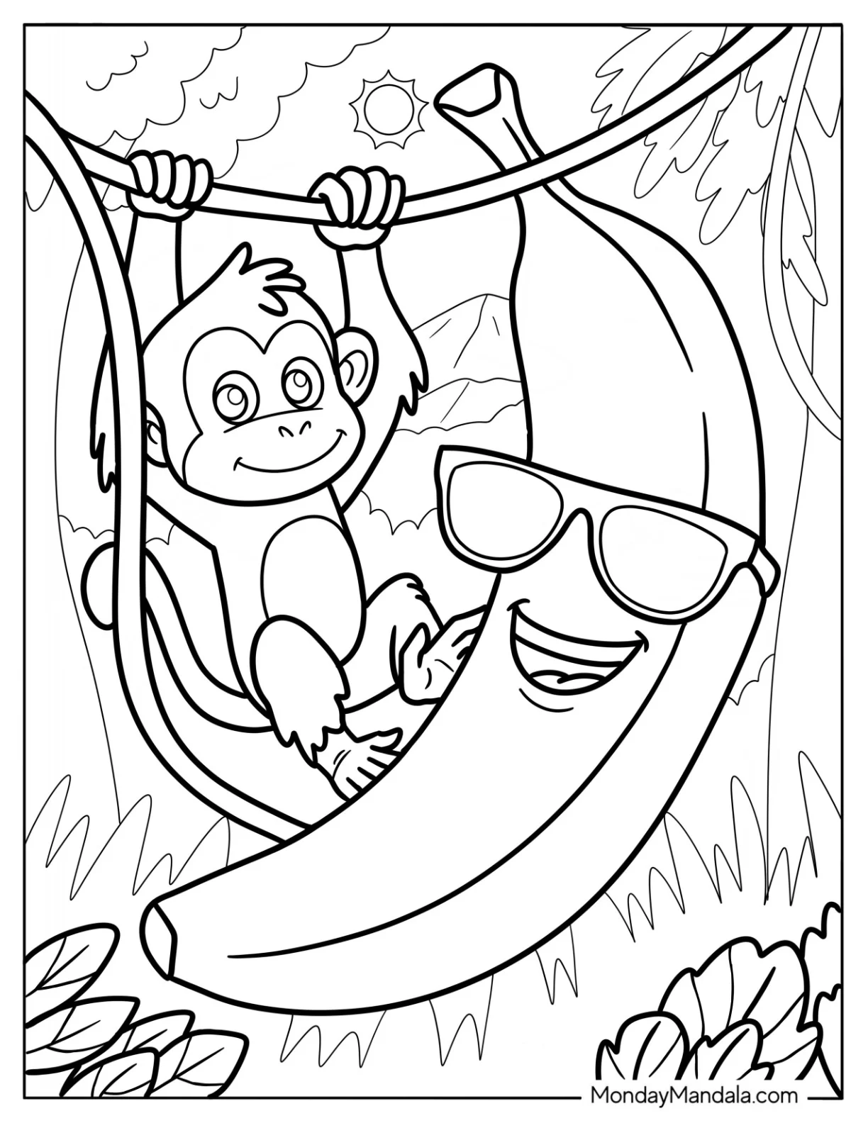 Little Monkey Hanging On A Vine Beside A Cool Banana Coloring Page coloring page