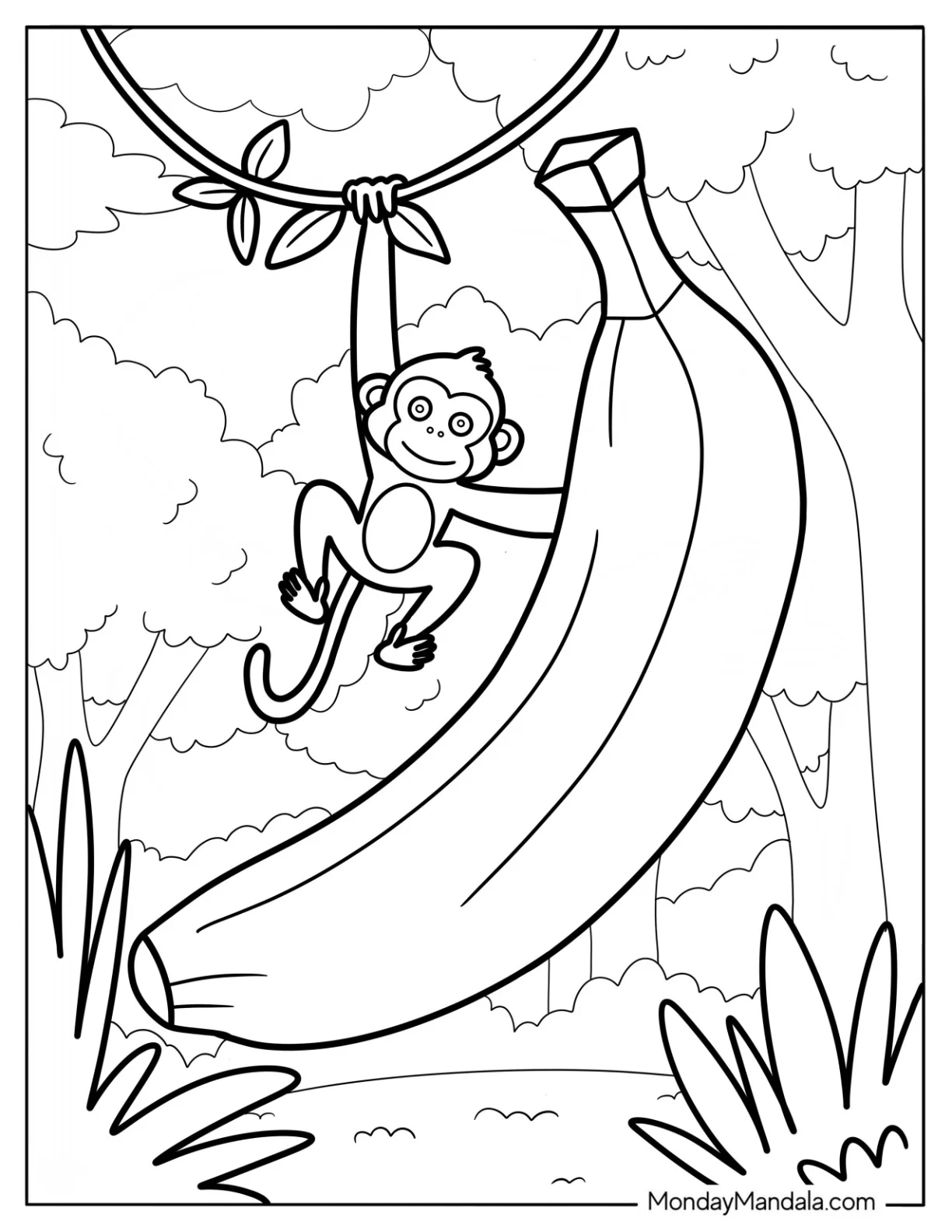 Massive Banana Coloring Page Beside A Small Monkey coloring page
