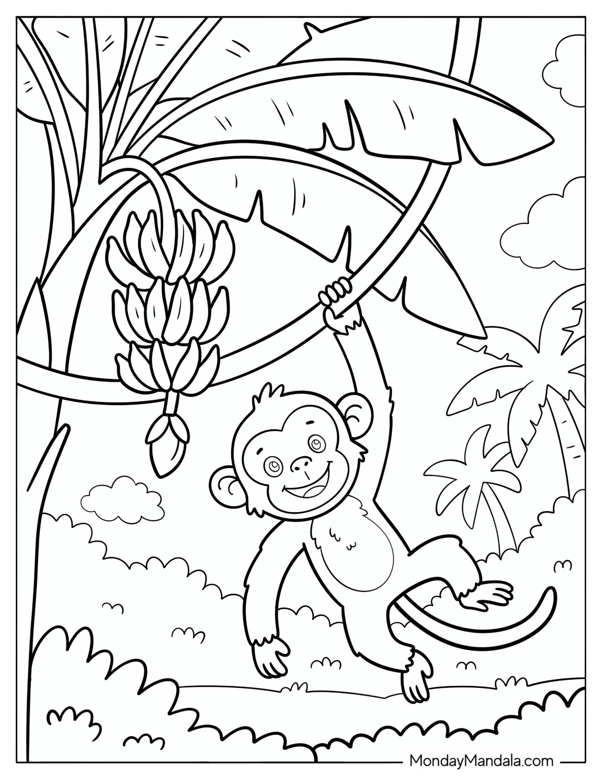 Monkey Hanging from a Banana Tree Coloring Sheet coloring page