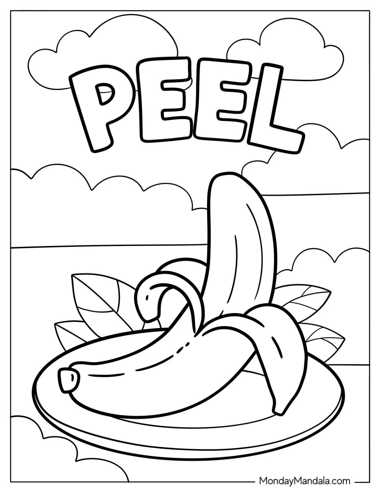 Peeled Banana Coloring Page On A Plate coloring page