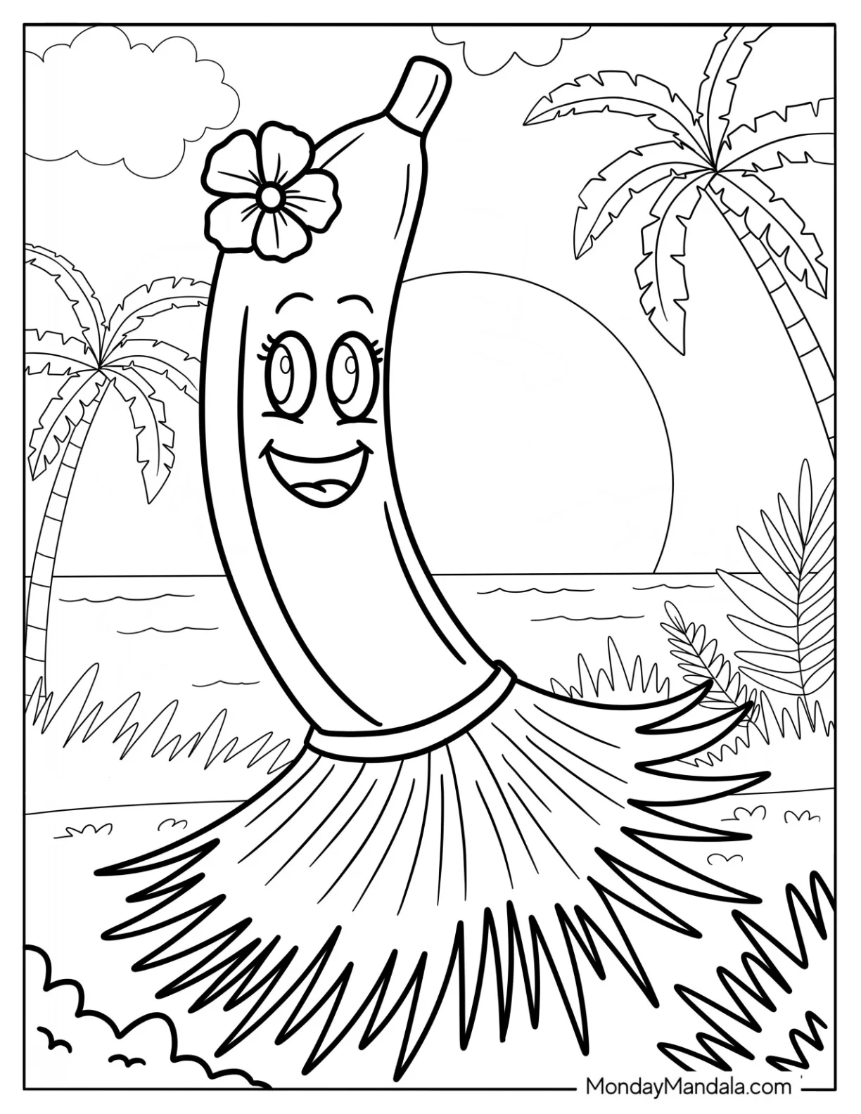 Pretty Banana Coloring Page With A Flower coloring page