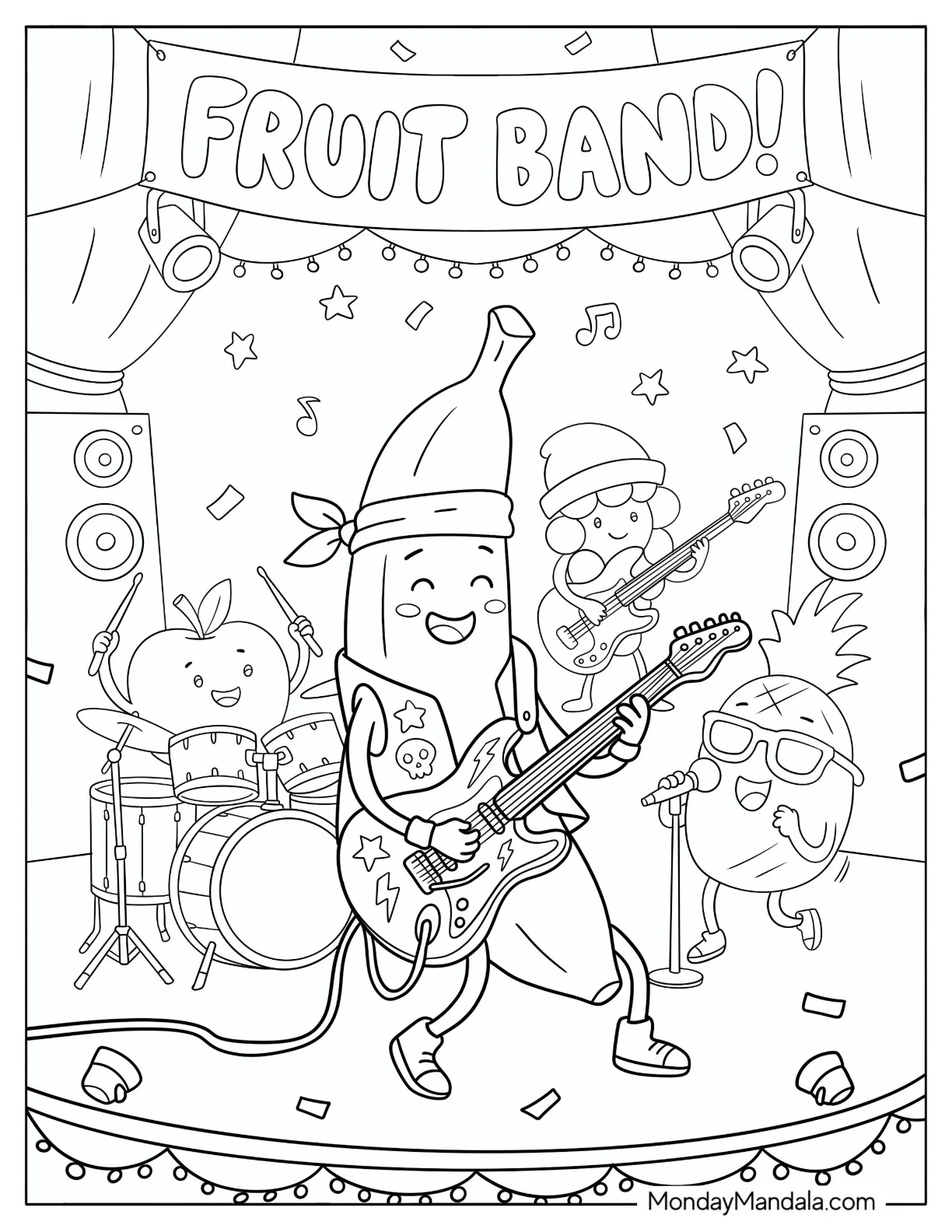 Rockstar Banana Playing the Electric Guitar in a Fruit Band coloring page