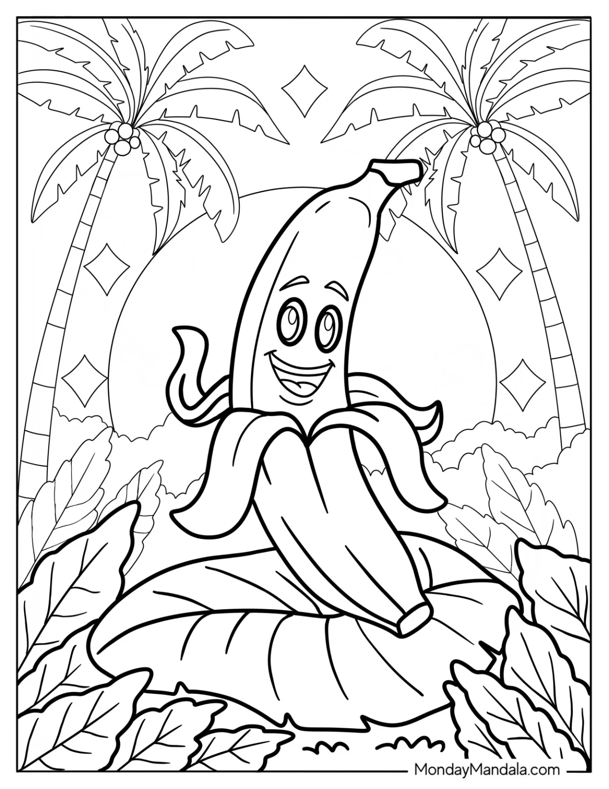 Sparkling Banana Coloring Page With Coconut Trees In The Background coloring page