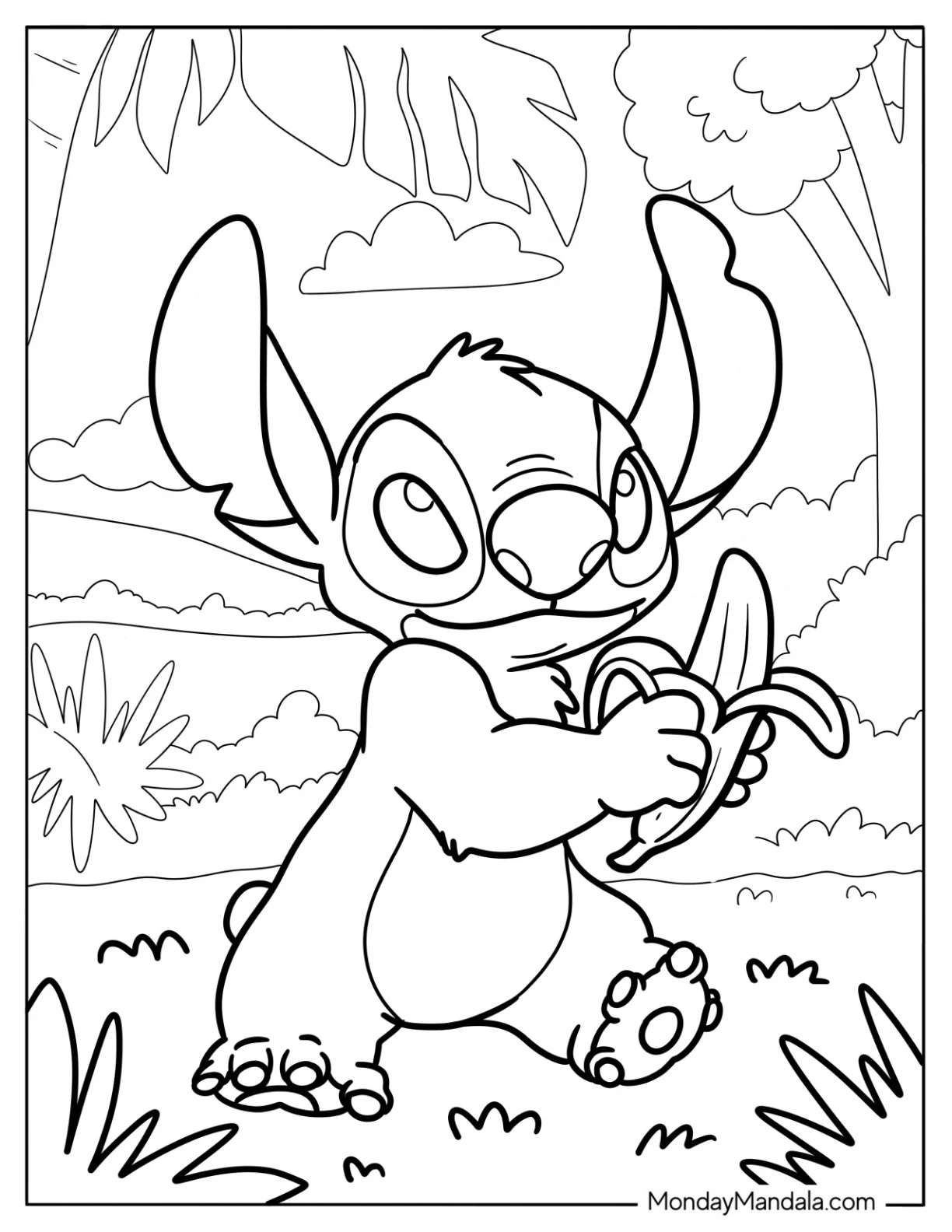Stitch Peeling A Banana Coloring Page In The Forest coloring page