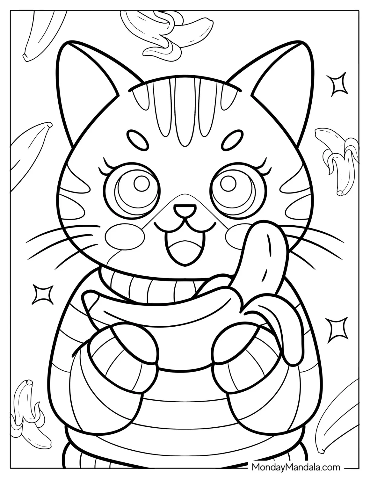 Tabby Cat Holding Up A Banana Coloring Page For Kids coloring page