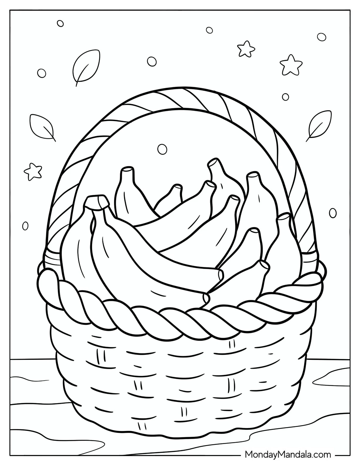 Wicker Basket Full of Bananas Coloring Page for Kids coloring page
