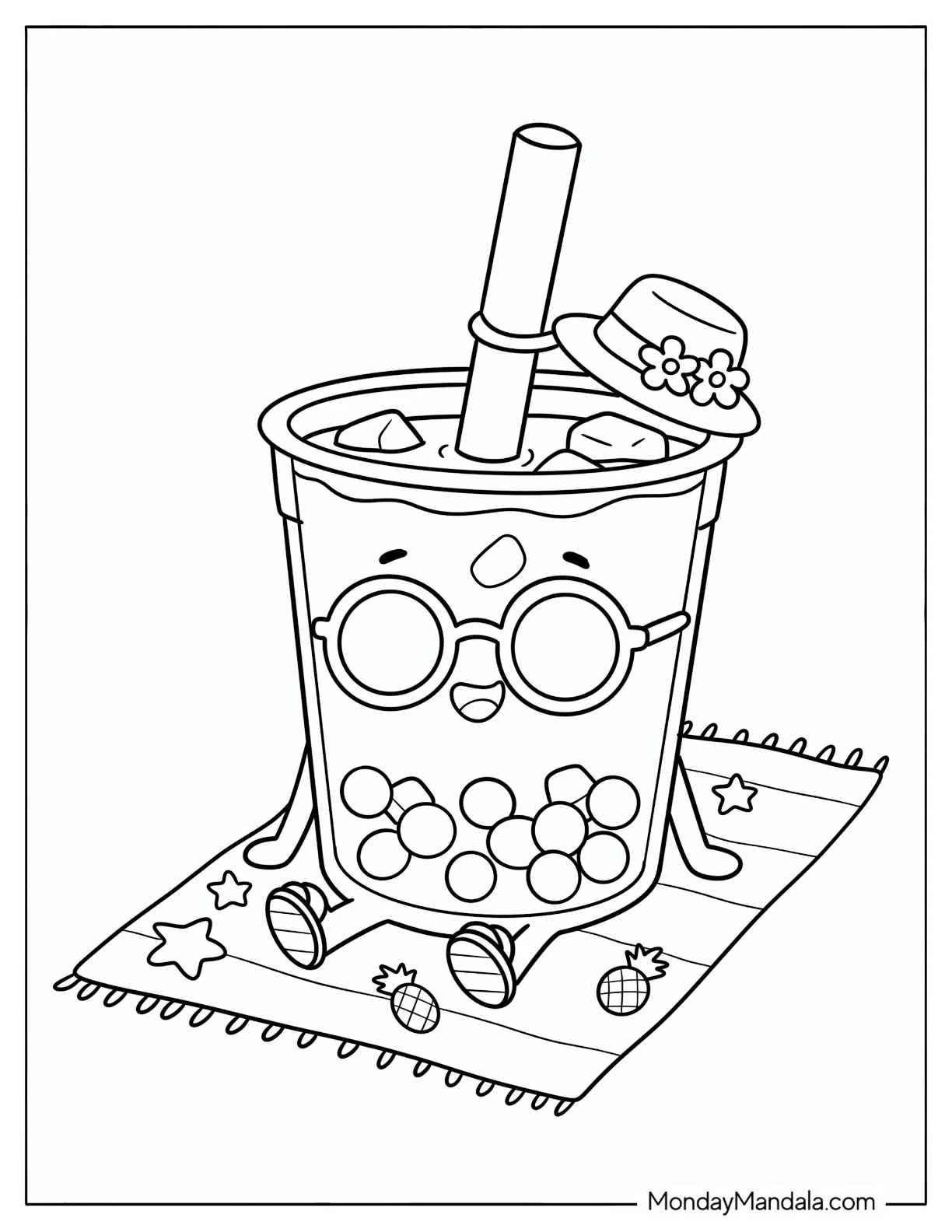 Adorable Boba Tea with Straw Hat Sunbathing Coloring Page for Kids coloring page