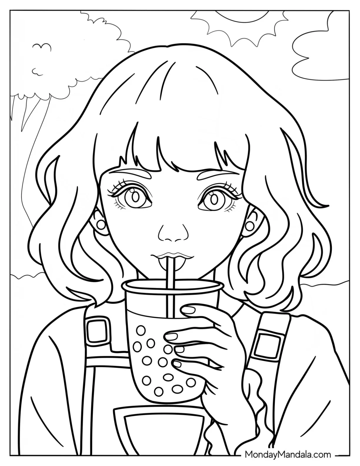 Beautiful Girl In Overalls DrinkingBoba Tea Coloring Page coloring page