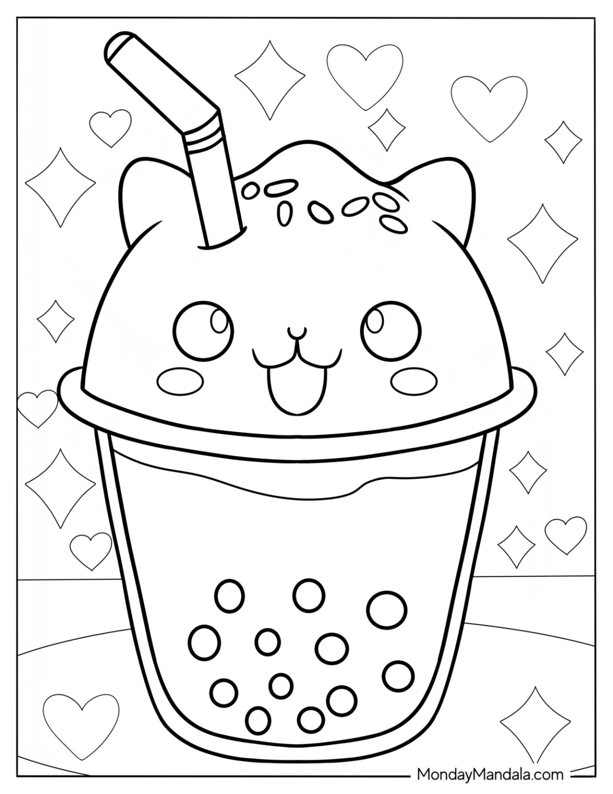 Boba Tea Coloring Page In A Cute Cat Cup For Preschoolers coloring page