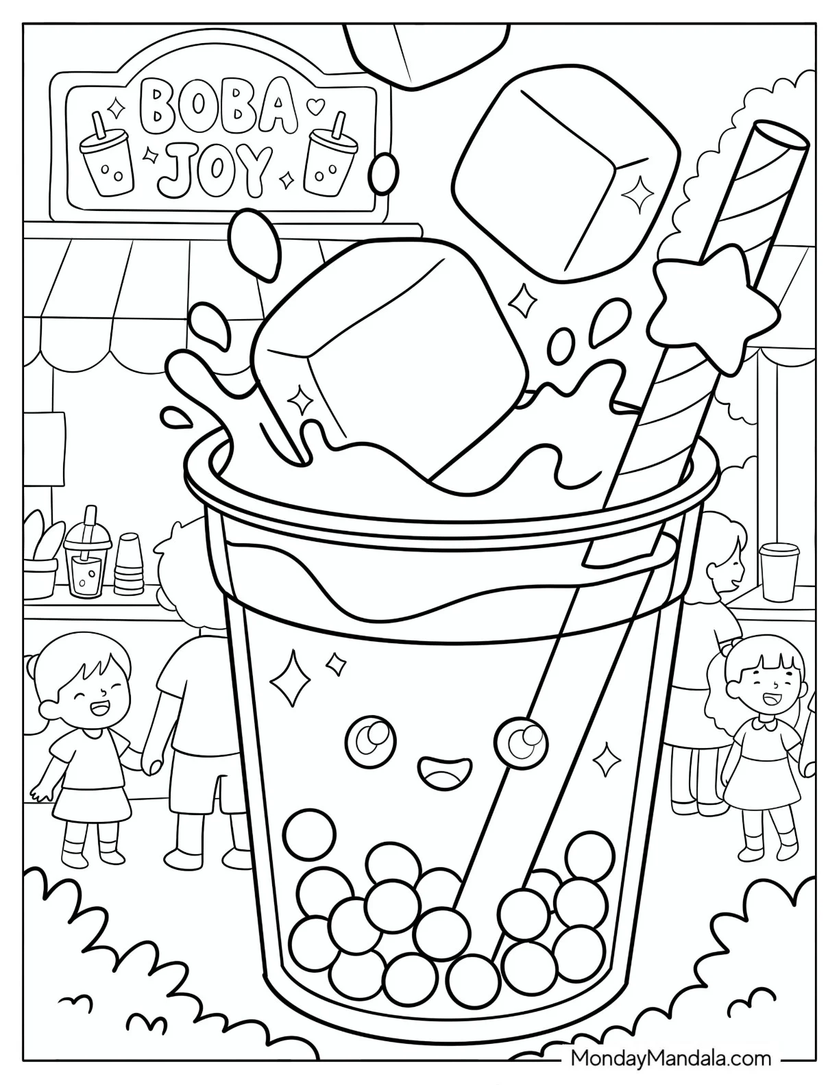 Boba Tea with Star Straw and Ice Cubes Coloring Sheet coloring page — printable line art