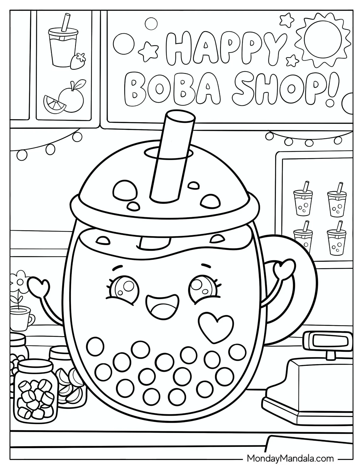 Cartoon Boba Tea in a Cafe Coloring Page for Kids coloring page