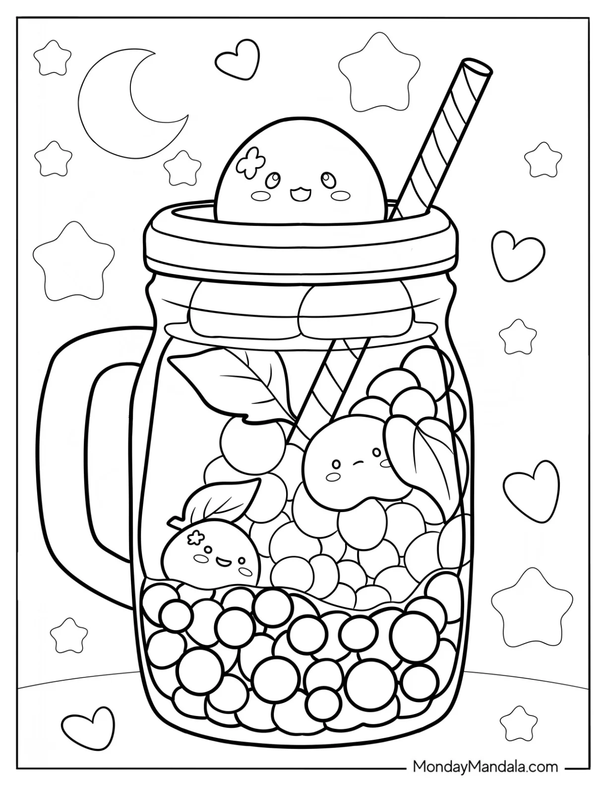 Cartoon Fruits In A Boba Tea Coloring Page For Kids coloring page