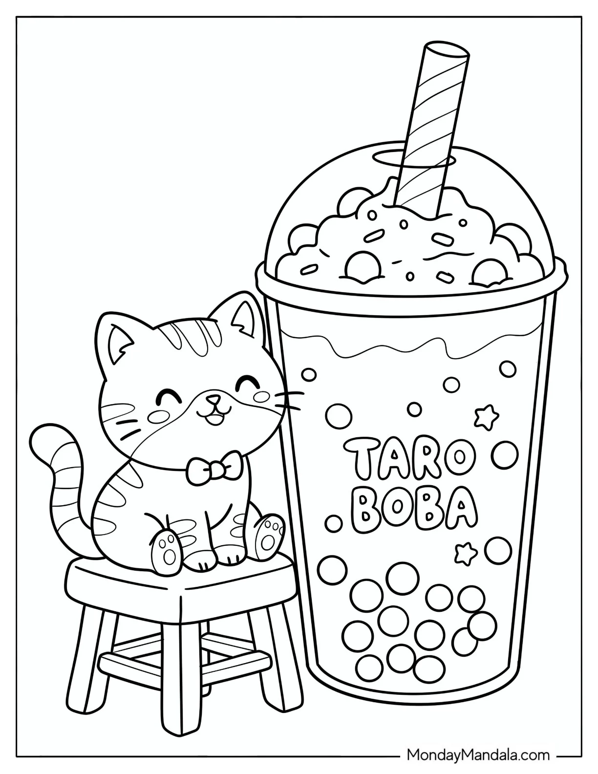 Cat Sitting Next to a Taro Boba Drink Coloring Page for Kids coloring page