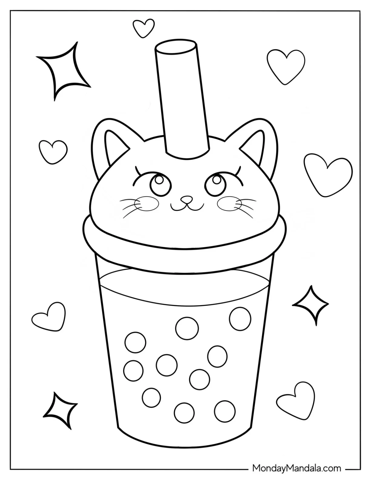 Cat Themed Boba Tea Coloring Page Cup With Straw For Kids coloring page