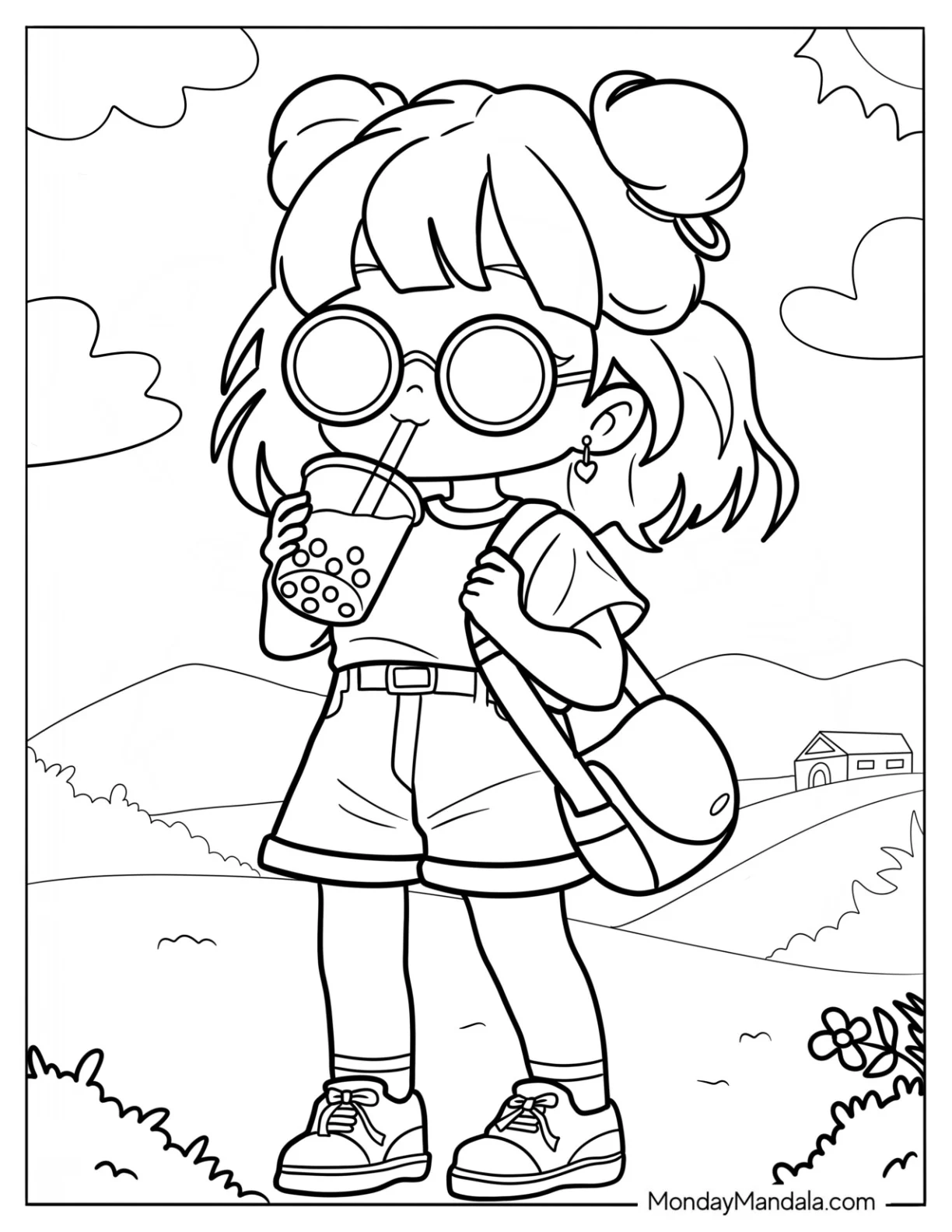 Chibi Girl In Sunglasses Drinking Boba Tea Coloring Page In The Park coloring page