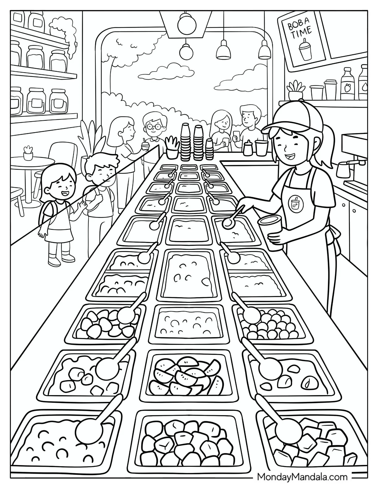 Children Ordering Boba Tea in a Cafe Coloring Sheet coloring page