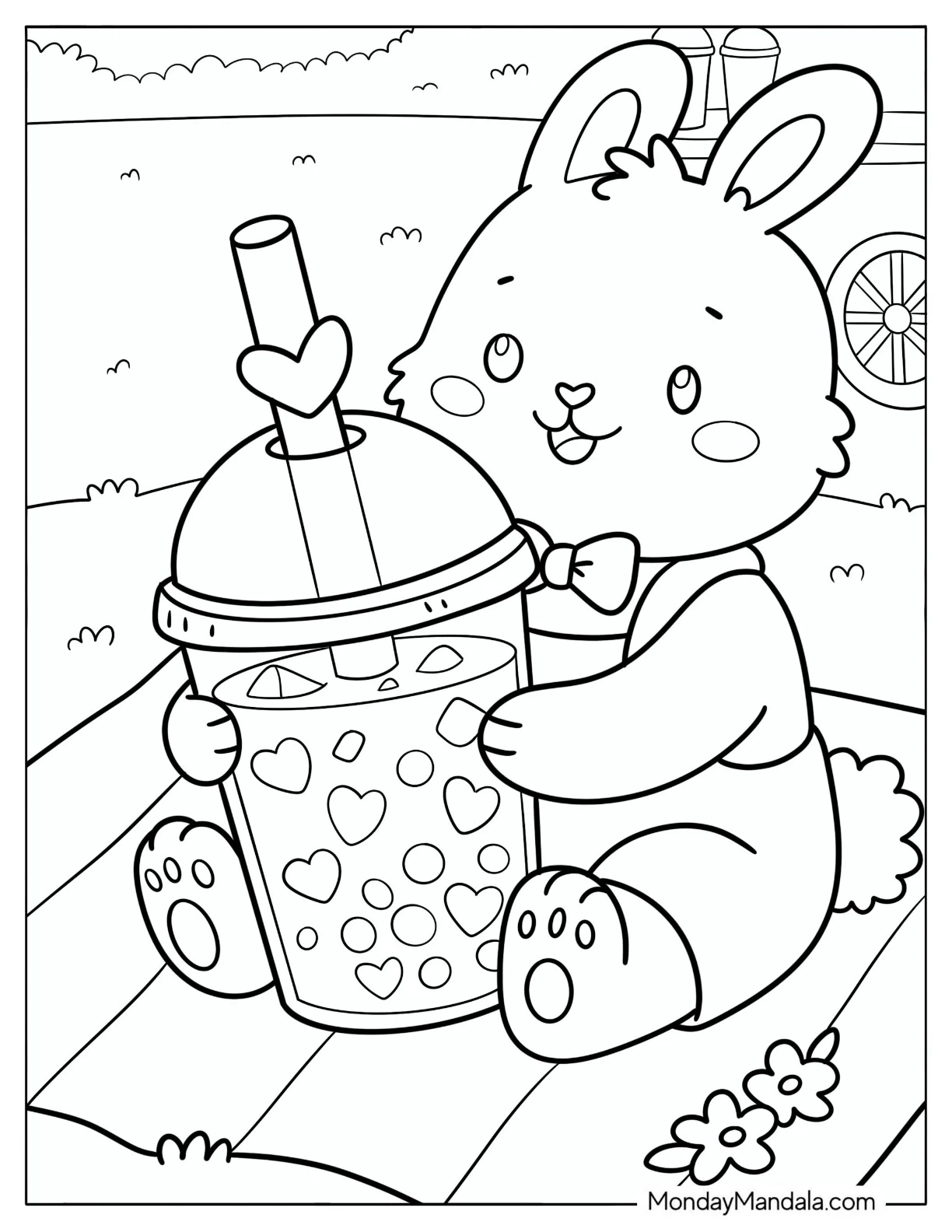 Cute Bunny Holding a Large Boba Drink Coloring Page for Kids coloring page