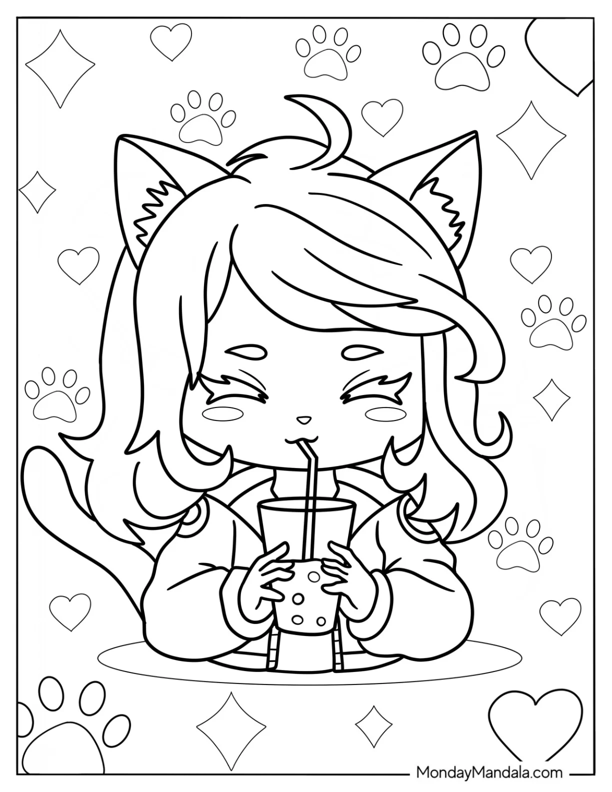 Cute Girl With Cat Ears And Tail Drinking Boba Tea Coloring Page For Kids coloring page