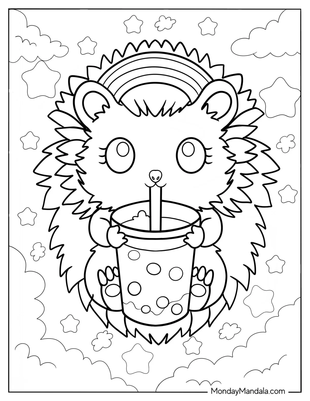 Cute Hedgehog Drinking Boba Tea Coloring Page With Starry Background coloring page