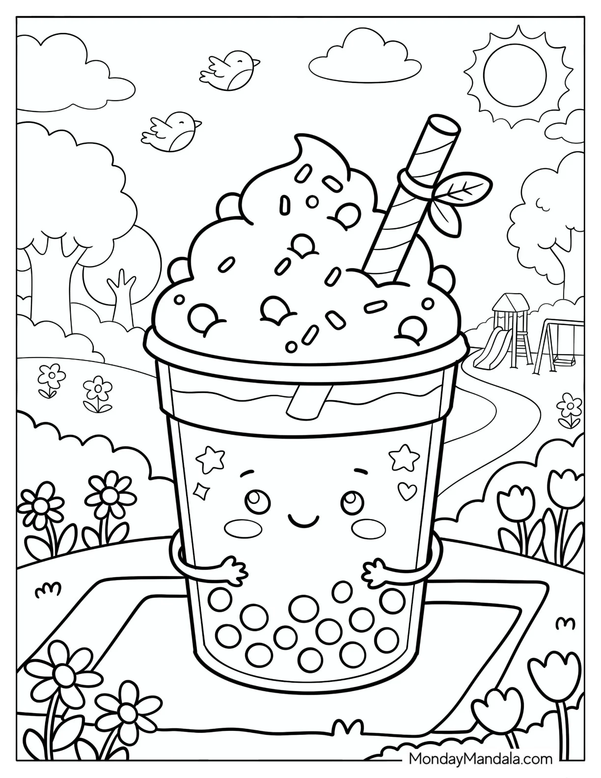 Delicious Boba Tea in a Park with a Flower Garden Coloring Page coloring page