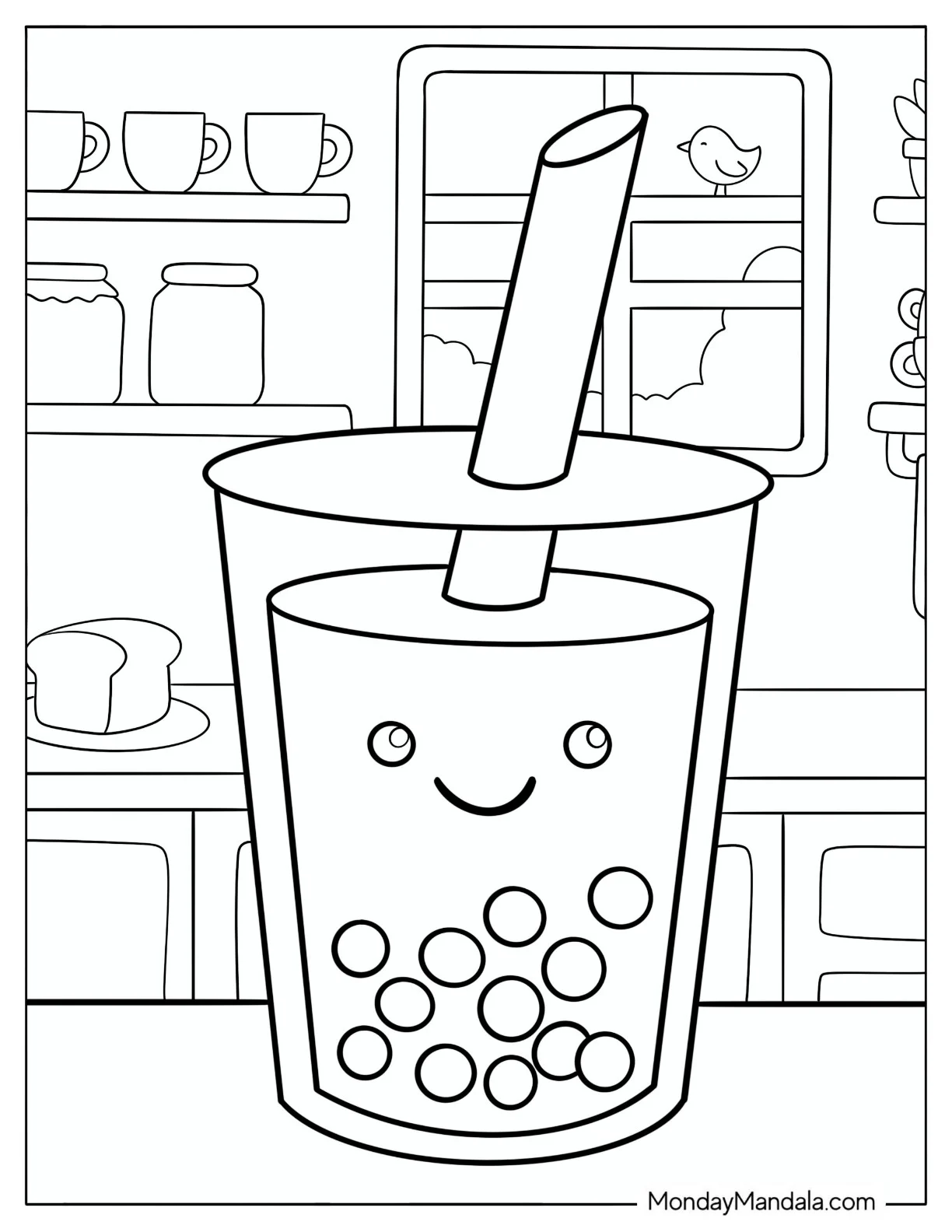 Easy Boba Drink with Straw on a Kitchen Counter Coloring Page coloring page — printable line art