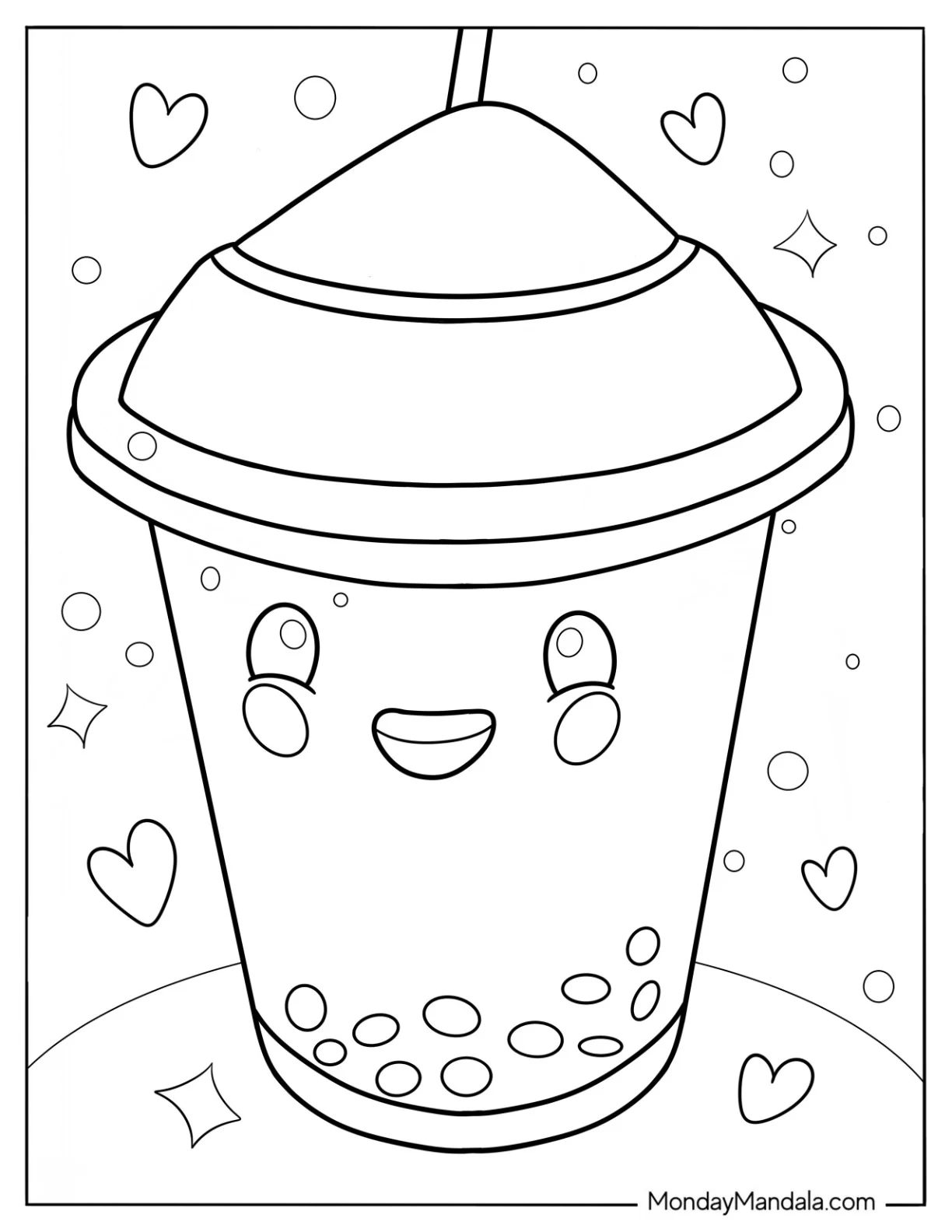 Easy Boba Tea Coloring Page With Love Hearts For Kids coloring page