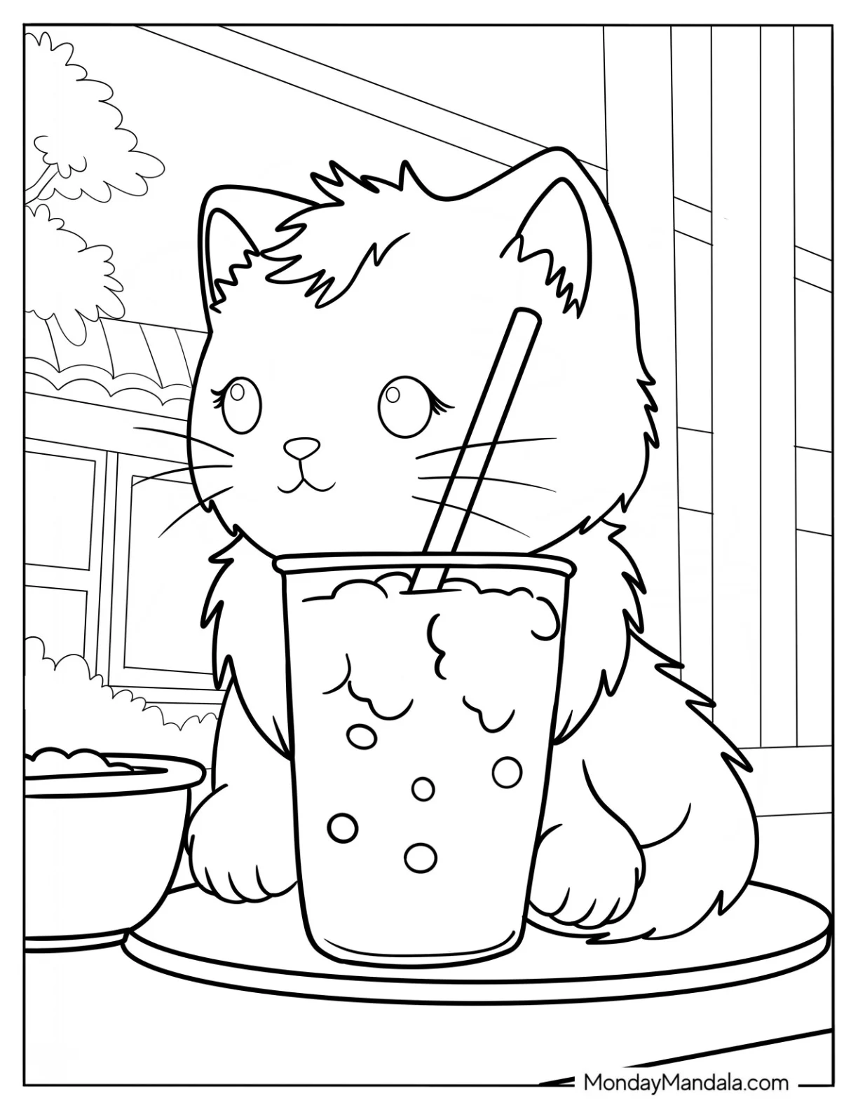 Fluffy Cat Sitting Behind A Large Boba Tea Coloring Page For Kids coloring page