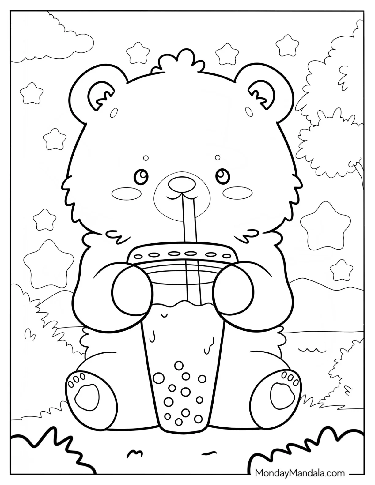 Furry Bear Drinking Boba Tea Coloring Page In The Forest Coloring Page coloring page — printable line art