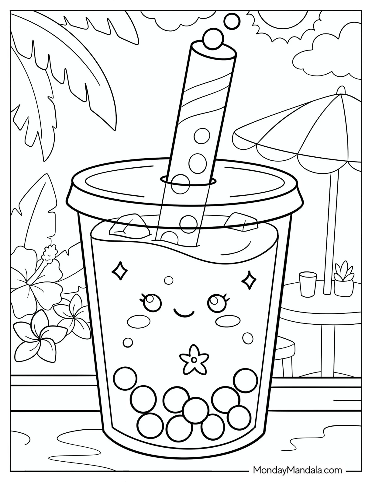 Kawaii Boba Tea with Straw in a Summer Resort Coloring Sheet coloring page